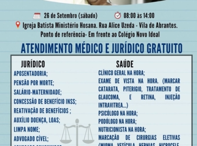 Mutirão oferece atendimentos gratuitos de saúde e orientação jurídica neste sábado em Vila de Abrantes